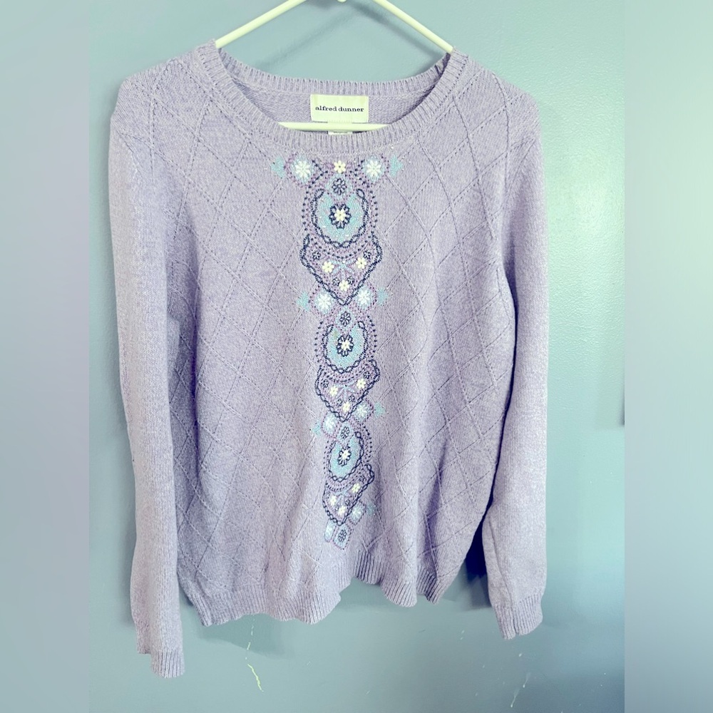 Alfred Dunner Textured Small Lavender Sweater Multi Colored Embroidery